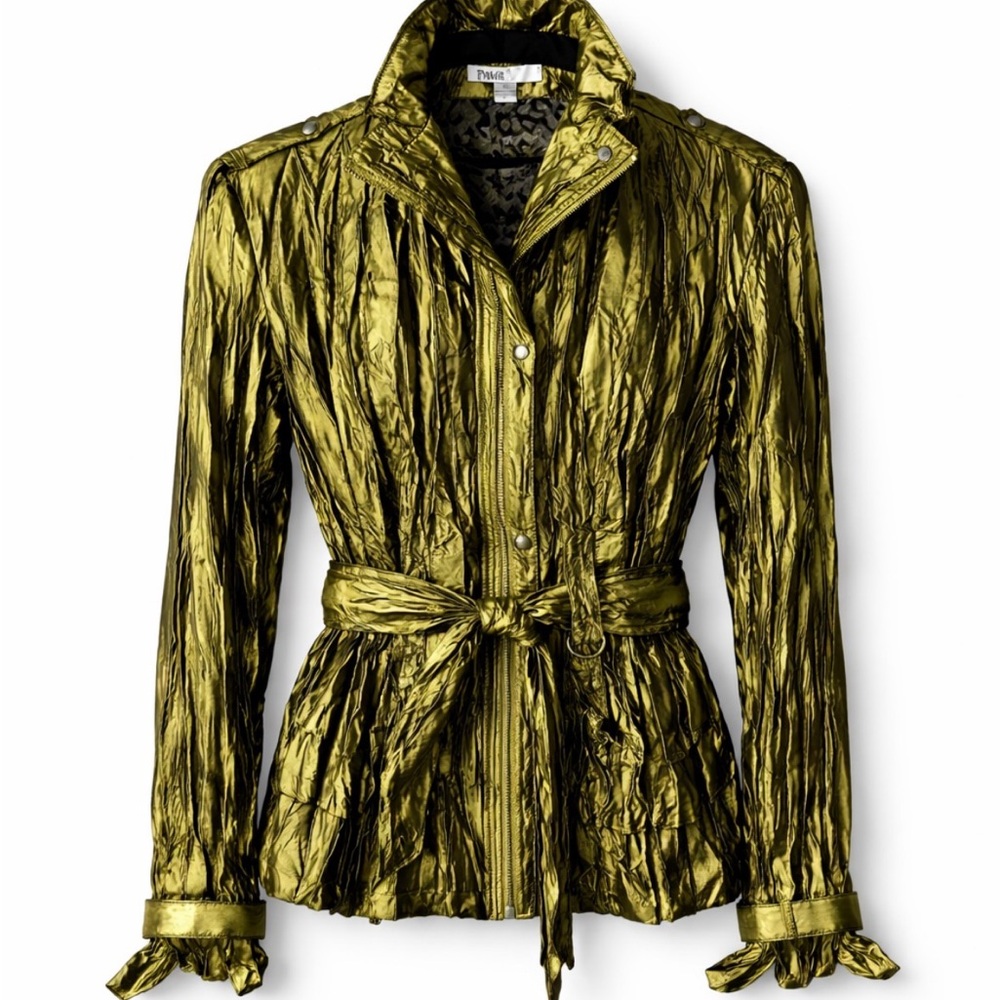 NWT Puli Metallic Olive Green Belted Jacket Lightweight Statement Jacket Sz M